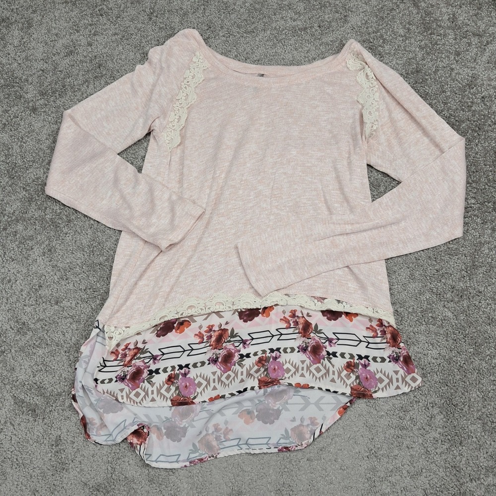 Vanity Womens Large Pink Knit Layered Floral Lace Trim Long Sleeve Top RN61046